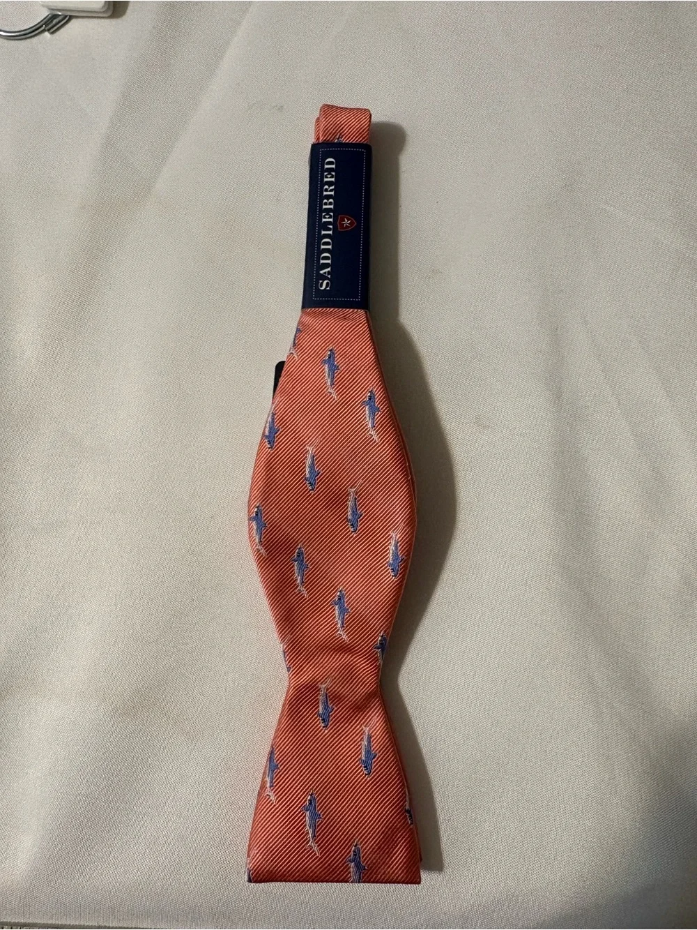 Saddlebred tie Coral Bow Tie with blue shark pattern ocean summer theme NWT